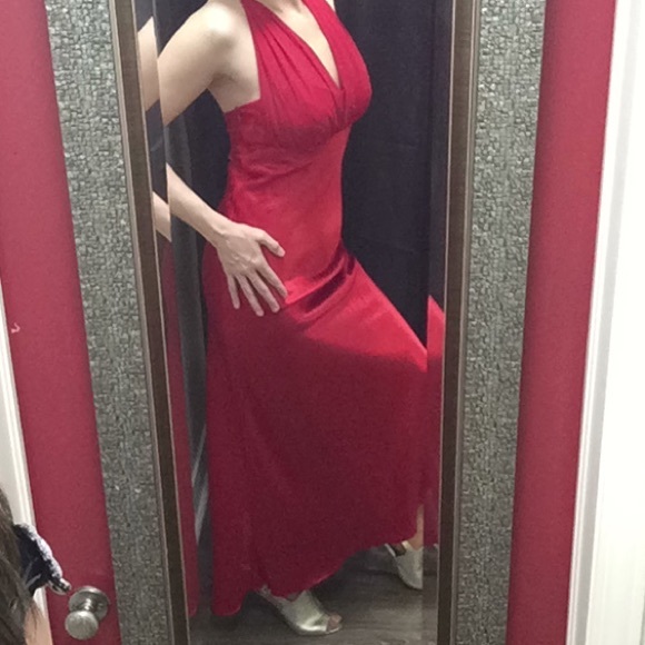Red silky evening gown, sheer top, flare bottom - Picture 3 of 14